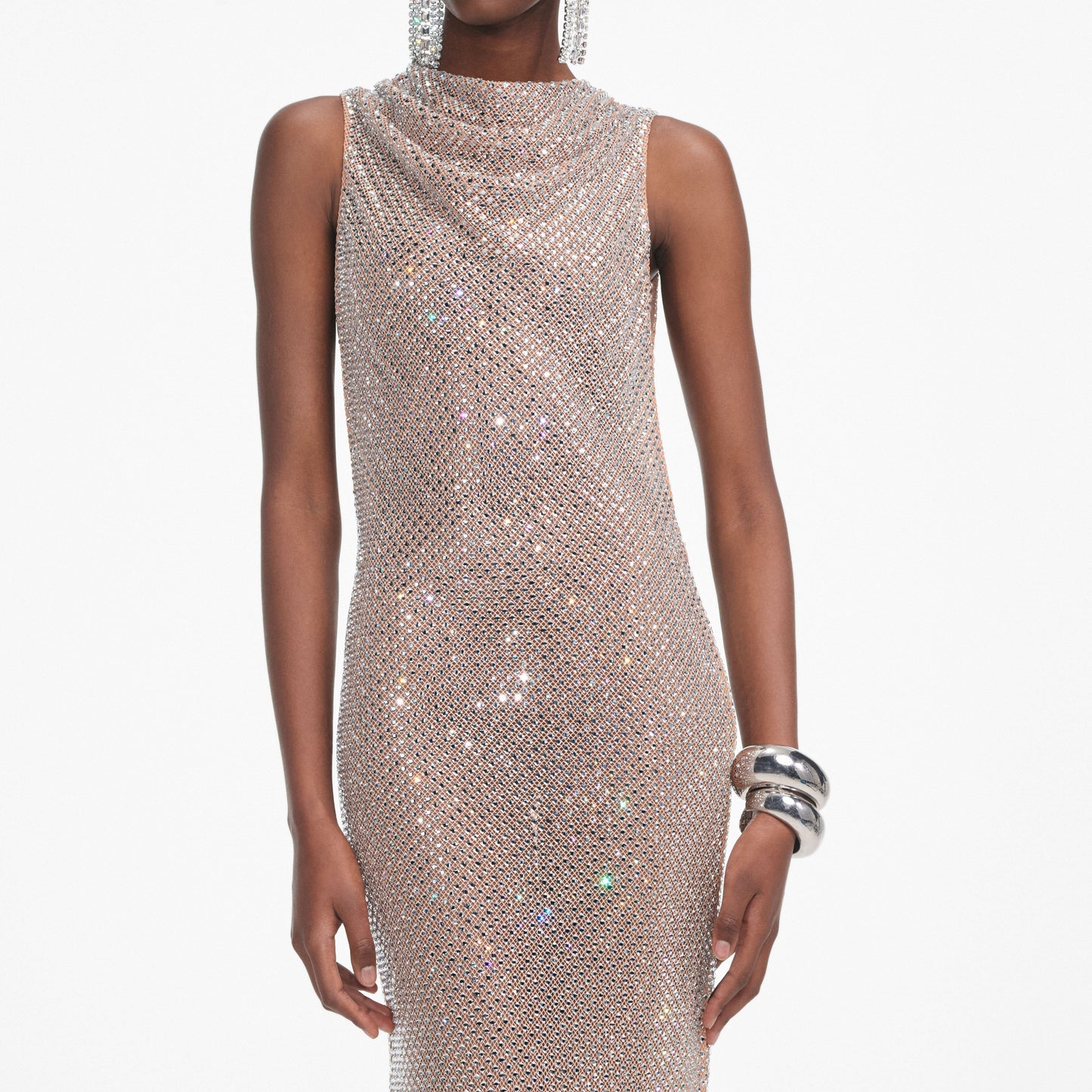 Gümüş Taşlı Drapeli Uzun Elbise