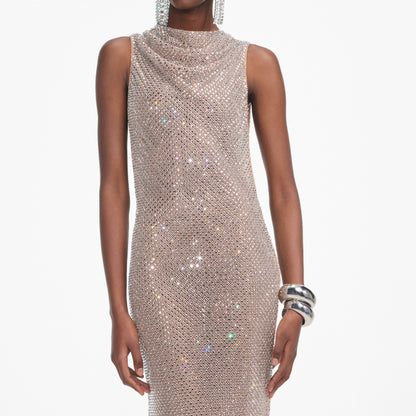 Gümüş Taşlı Drapeli Uzun Elbise