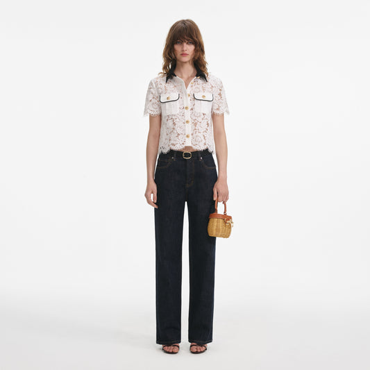 Beyaz Dantel Kontrast Yaka Üst