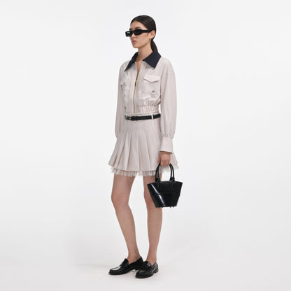 Krem Twill Pileli Mini Etek