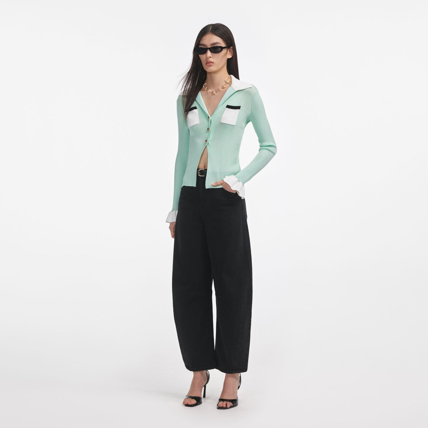 Yeşil Ribanalı Viskon Örgü Üst