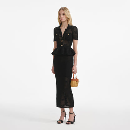 Siyah Fiyonklu Tığ İşi Midi Elbise