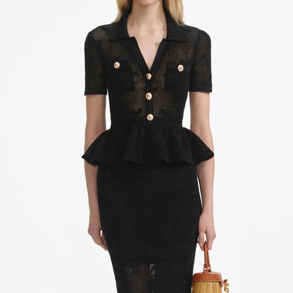 Siyah Fiyonklu Tığ İşi Midi Elbise