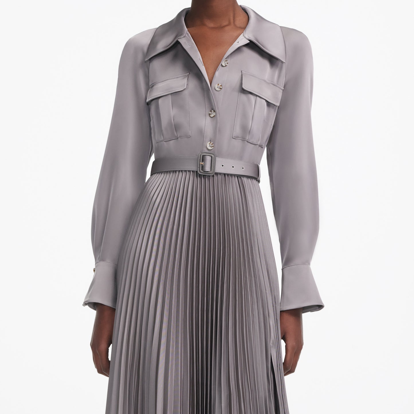 Gri Saten Pileli Uzun Elbise