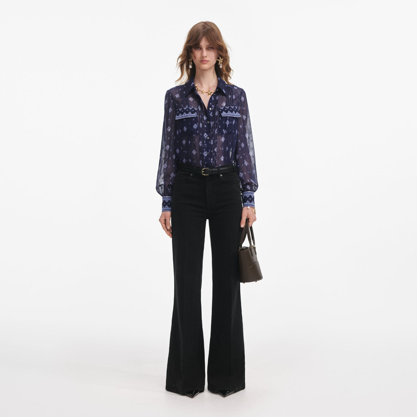 Lacivert Baskılı Şifon Bluz