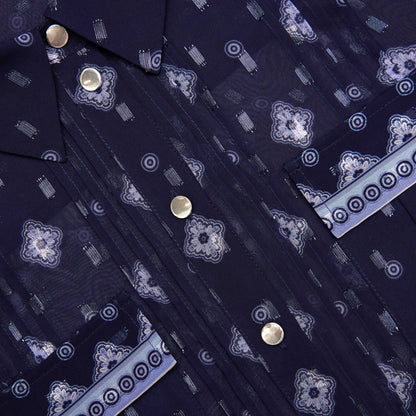 Lacivert Baskılı Şifon Bluz