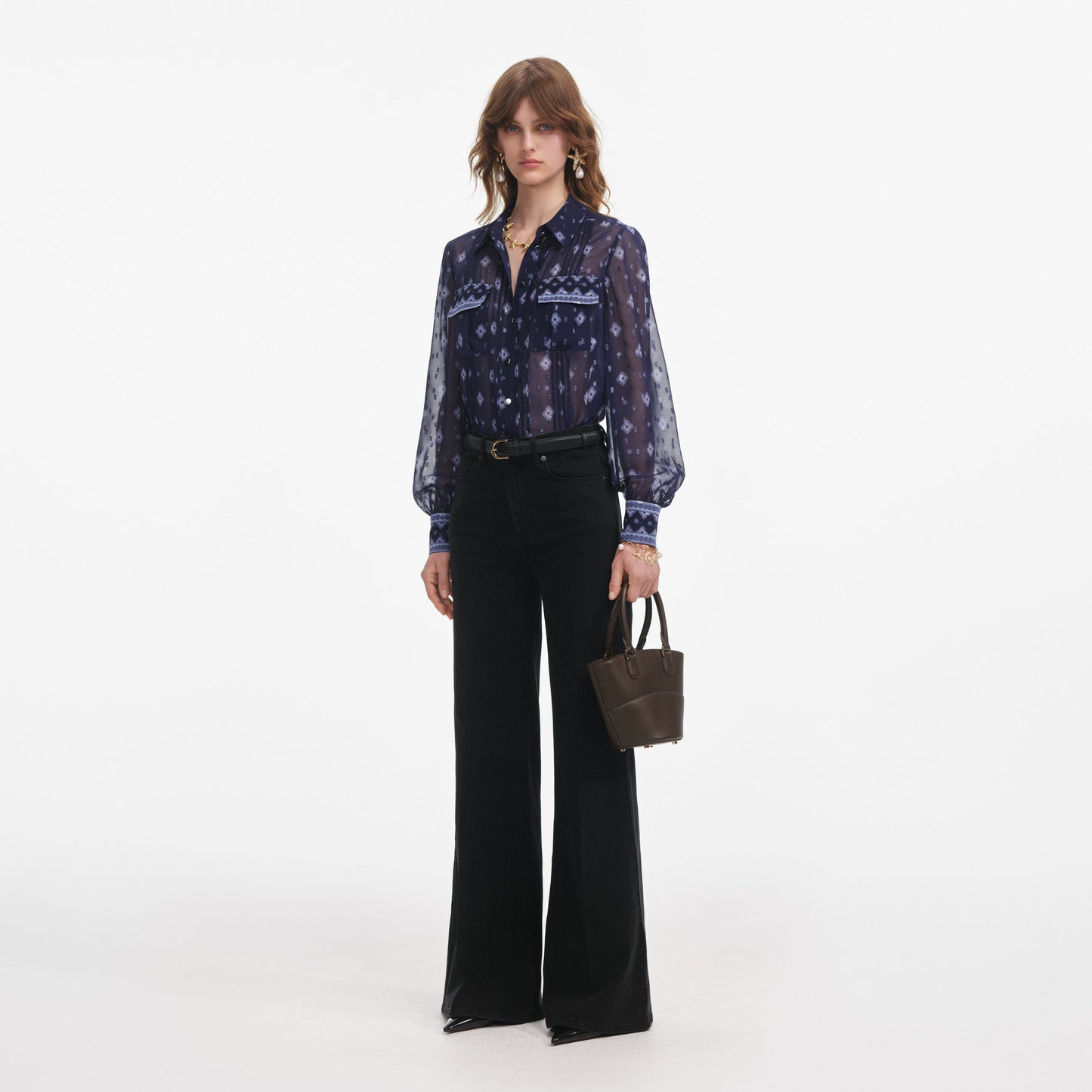 Lacivert Baskılı Şifon Bluz