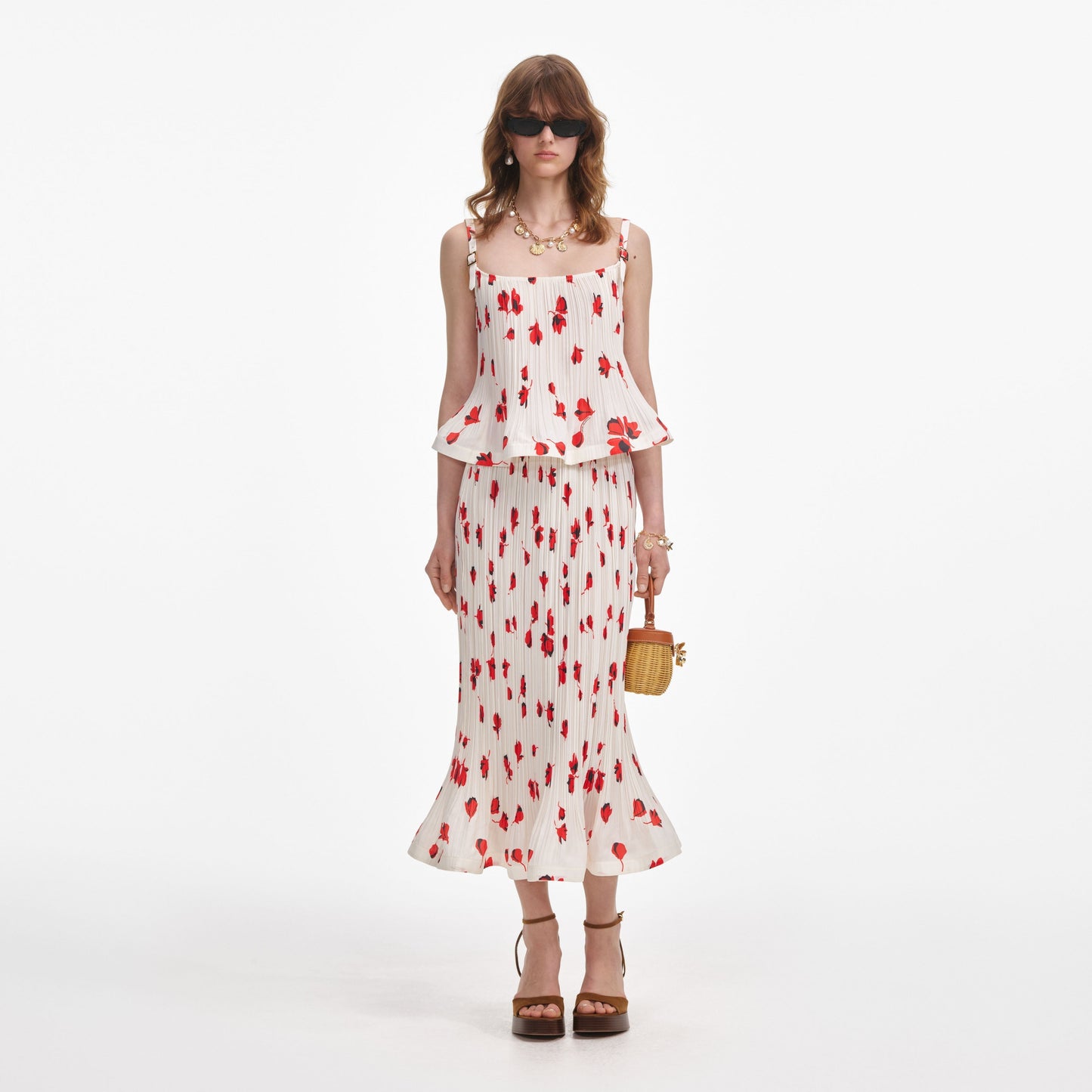 Beyaz Çiçekli Plisse Midi Etek