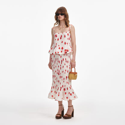 Beyaz Çiçekli Plisse Midi Etek