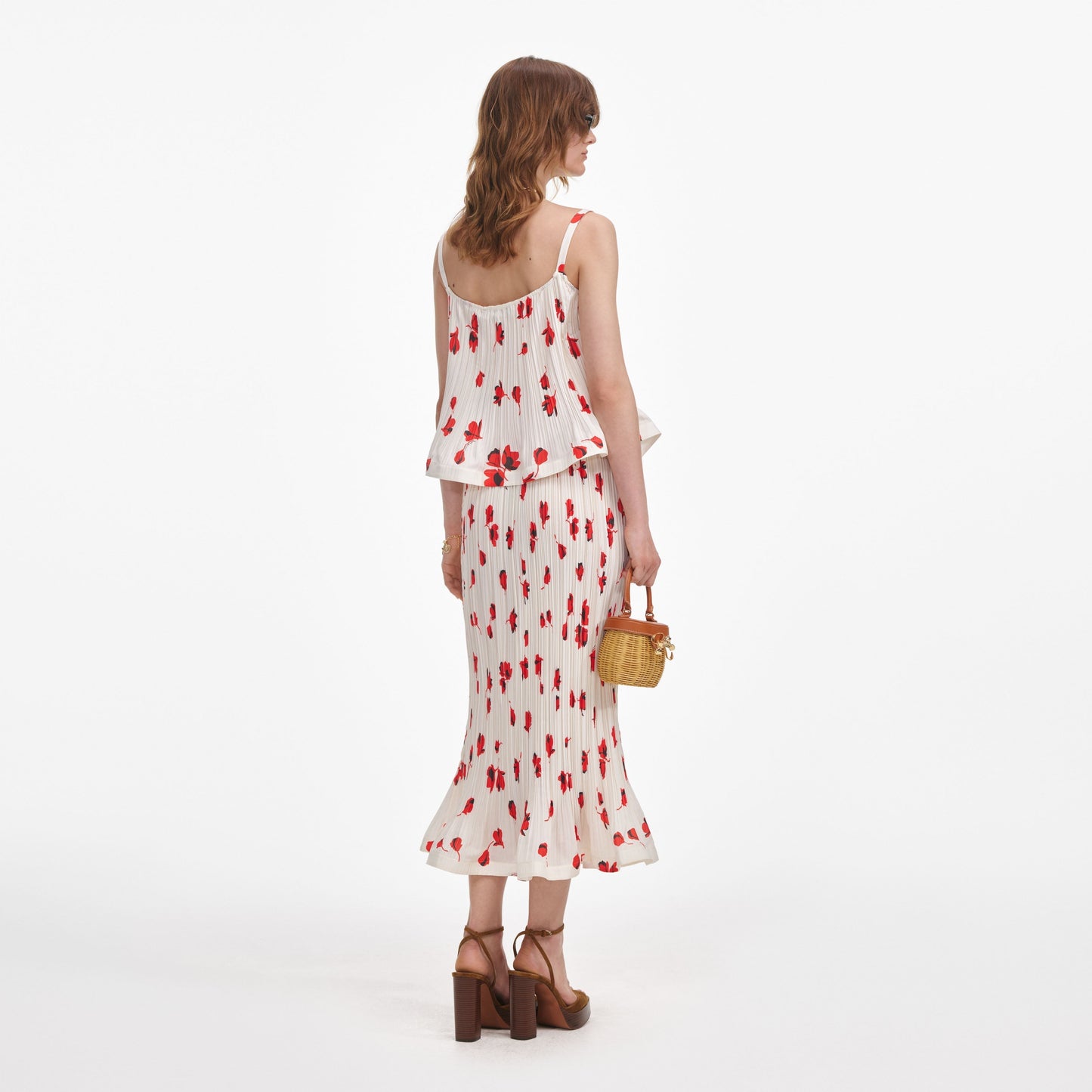 Beyaz Çiçekli Plisse Midi Etek