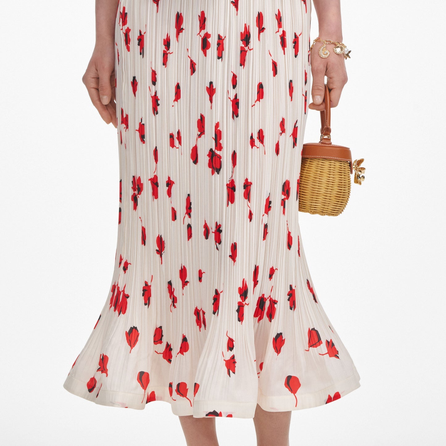 Beyaz Çiçekli Plisse Midi Etek