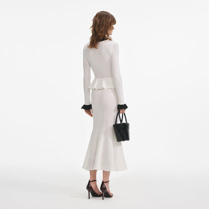 Beyaz Pointelle Örgü Kontrast Midi Elbise