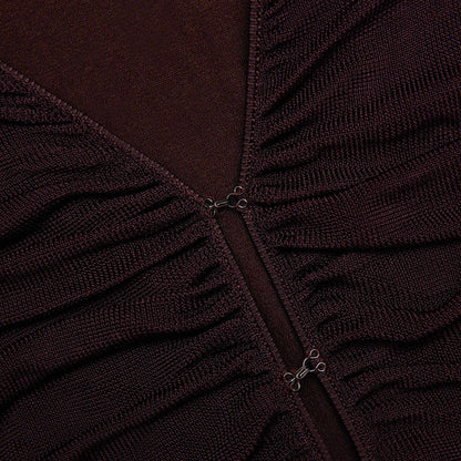 Kahverengi Büzgülü Viskon Örgü Midi Elbise