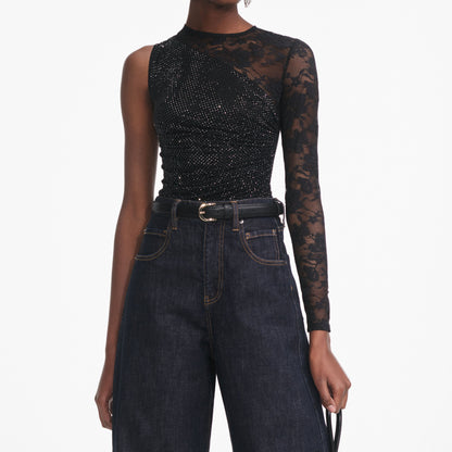 Siyah Elmaslı Dantel Kollu Üst