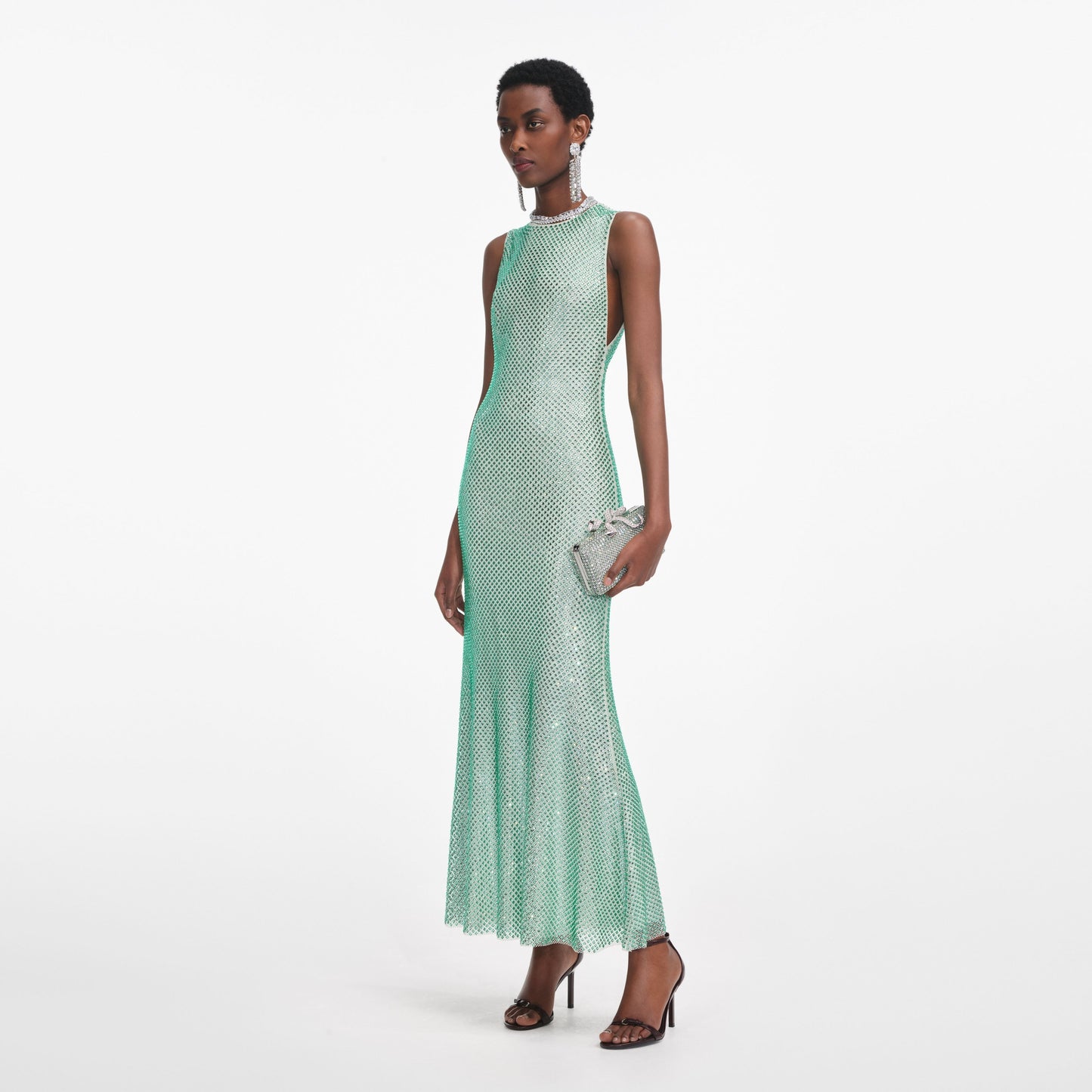 Mint Rhinestone Mesh Midi Elbise