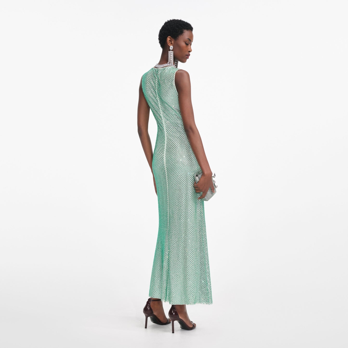 Mint Rhinestone Mesh Midi Elbise