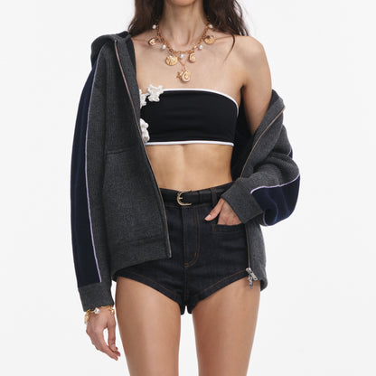 Gri Ribanalı Örgü Kapüşonlu Üst