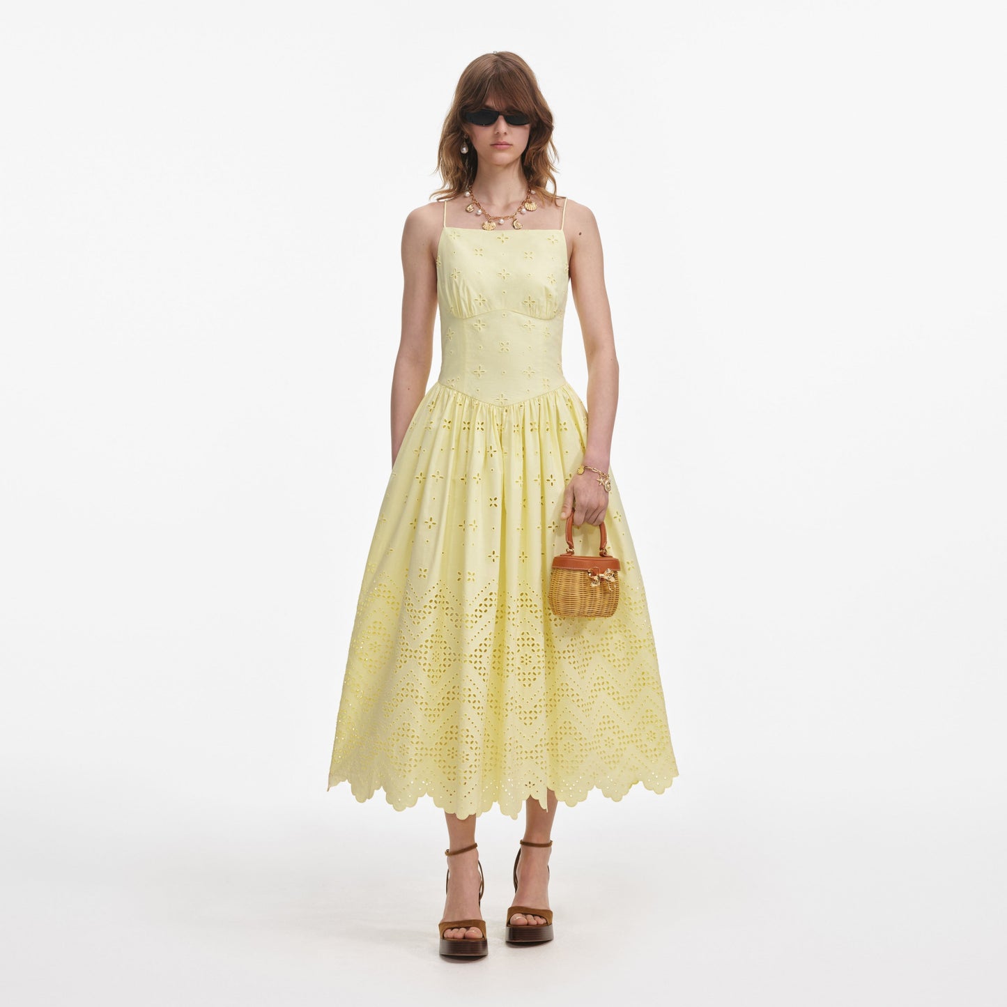 Sarı Pamuklu Broderie Midi Elbise