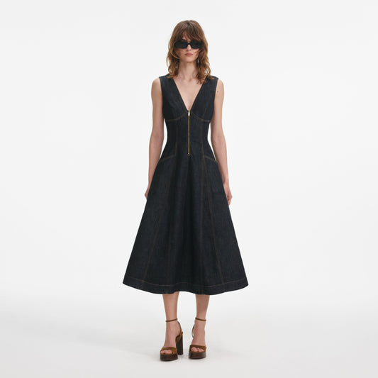 Indigo Denim Midi Elbise