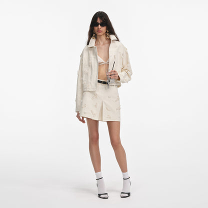 Krem Kot Boncuklu Çiçekli Ceket