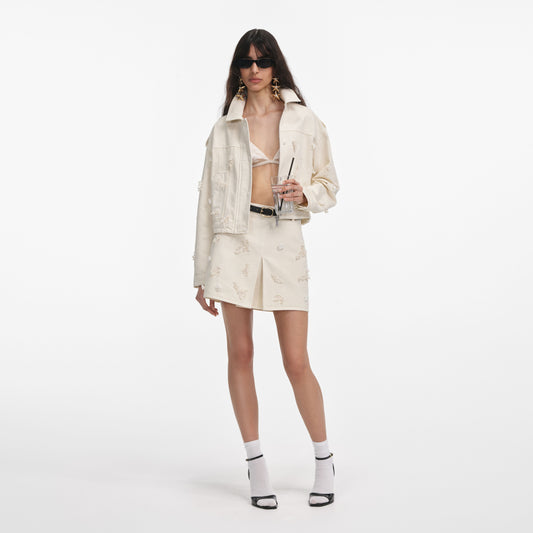 Krem Kot Boncuklu Çiçekli Ceket