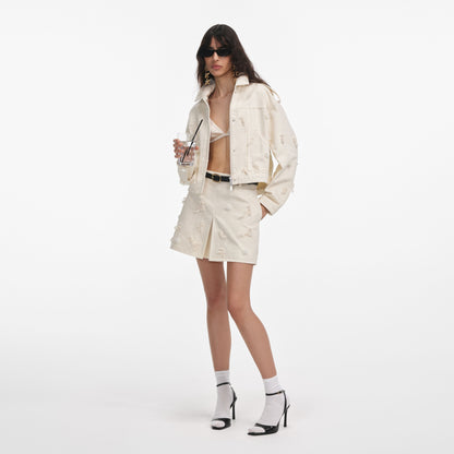 Krem Kot Boncuklu Çiçekli Mini Etek