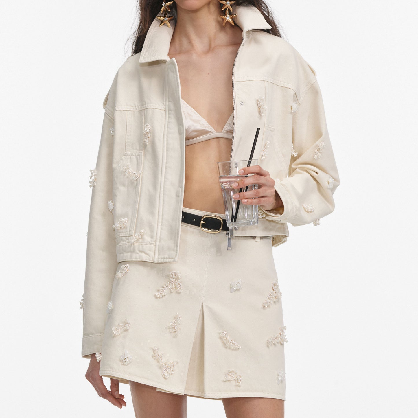 Krem Kot Boncuklu Çiçekli Ceket