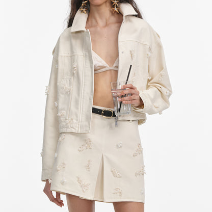 Krem Kot Boncuklu Çiçekli Ceket