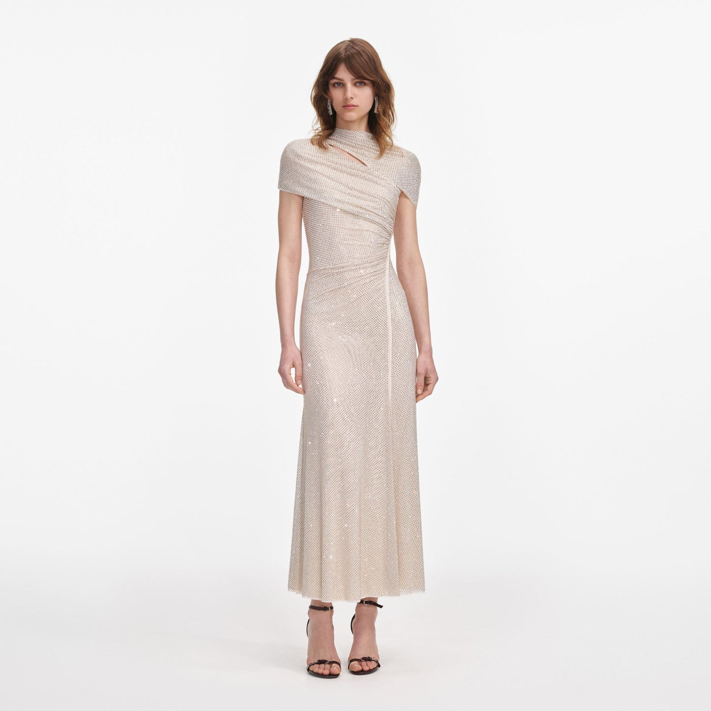 Şampanya Taşlı File Kesim Midi Elbise