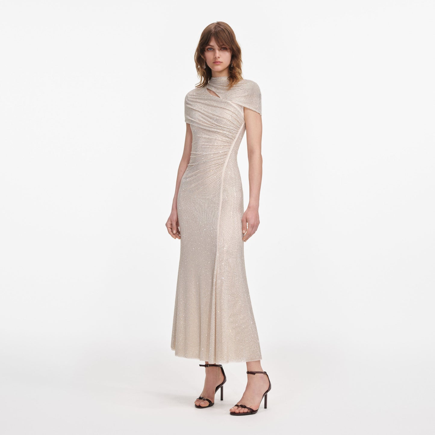 Şampanya Taşlı File Kesim Midi Elbise