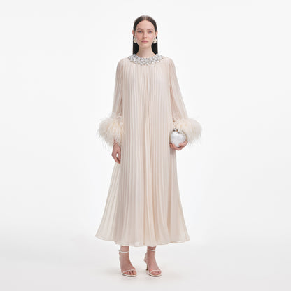 Krem Şifon Tüylü Midi Elbise