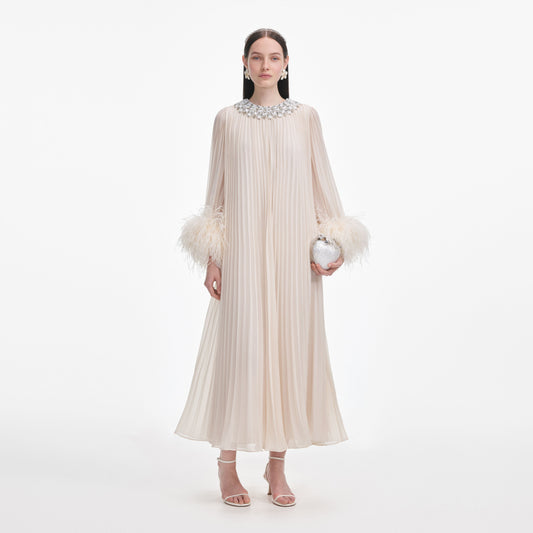 Krem Şifon Tüylü Midi Elbise