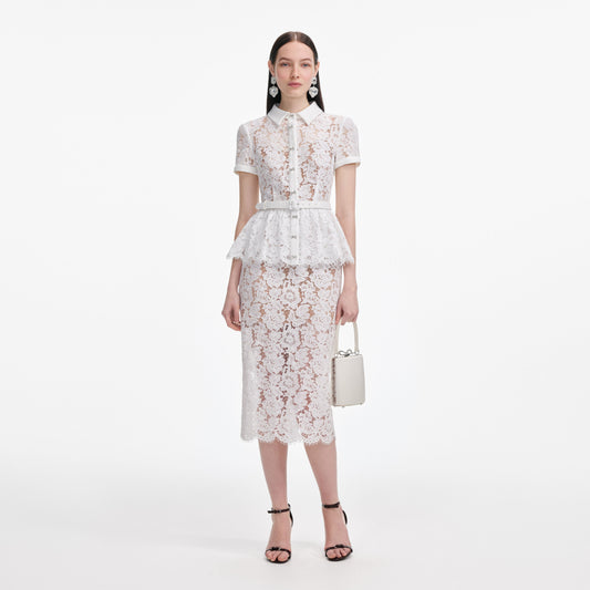 Beyaz Dantel Peplum Midi Elbise
