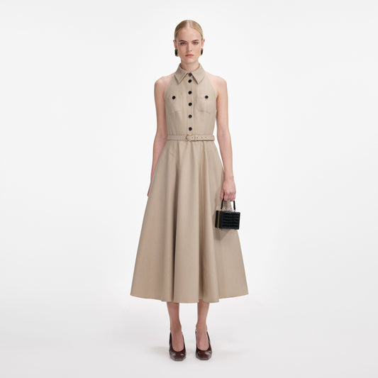 Bej Twill Midi Elbise