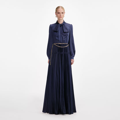 Lacivert Saten Bağcıklı Uzun Elbise