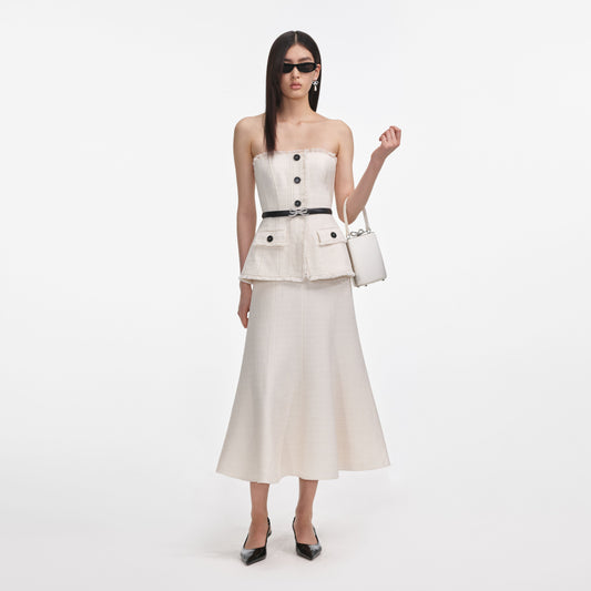 Krem Buklet Bandeau Midi Elbise