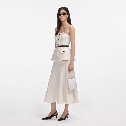 Krem Buklet Bandeau Midi Elbise