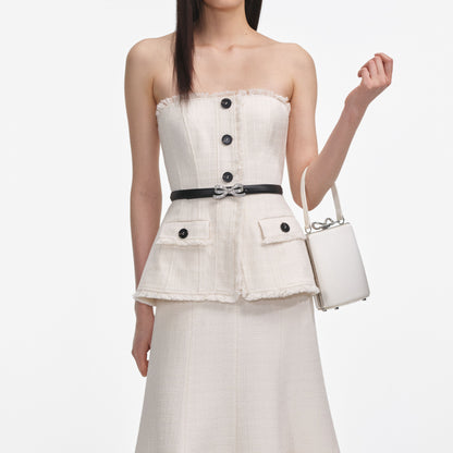 Krem Buklet Bandeau Midi Elbise