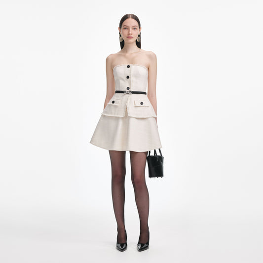 Krem Buklet Bandeau Mini Elbise