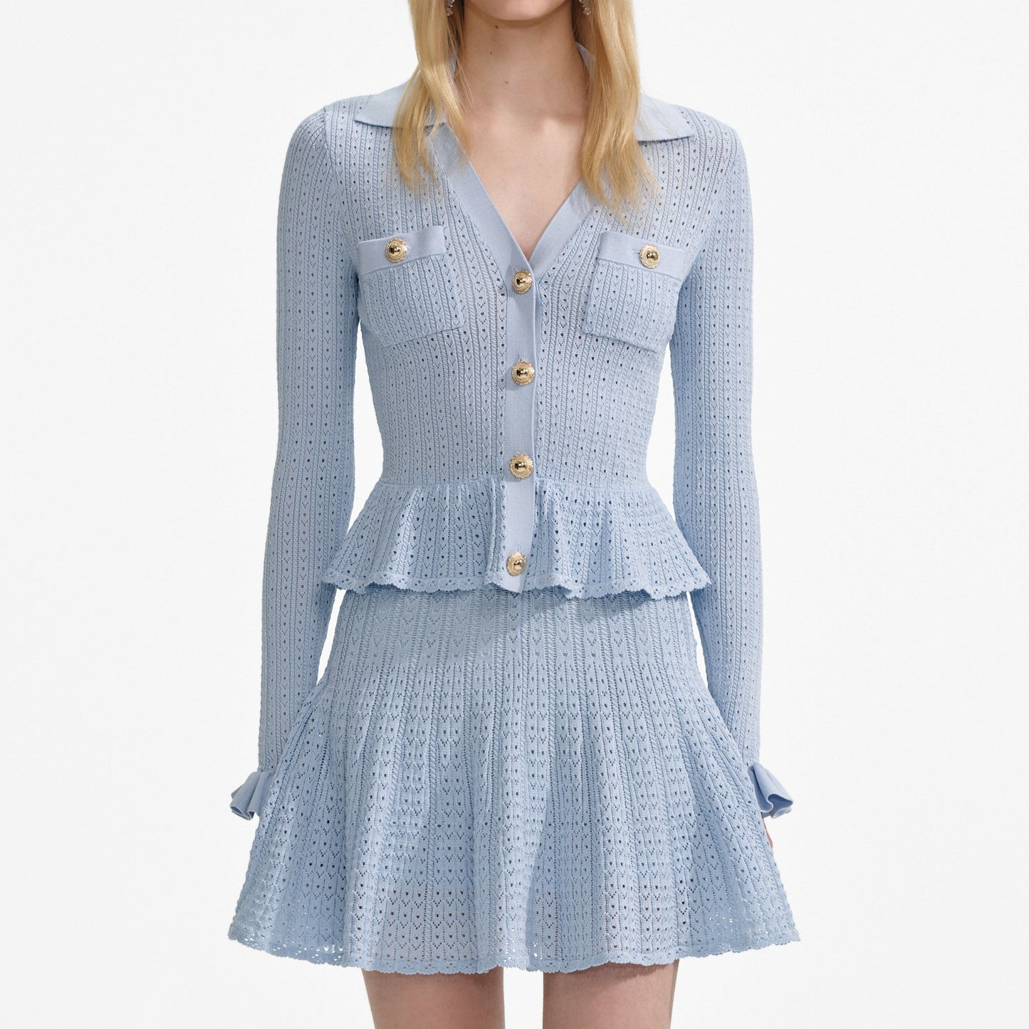 Mavi Pointelle Örgü Mini Elbise