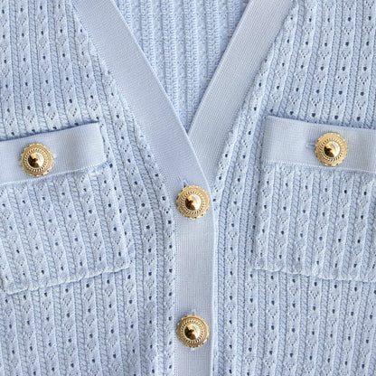 Mavi Pointelle Örgü Mini Elbise