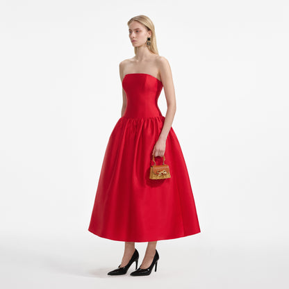 Kırmızı Tafta Midi Elbise