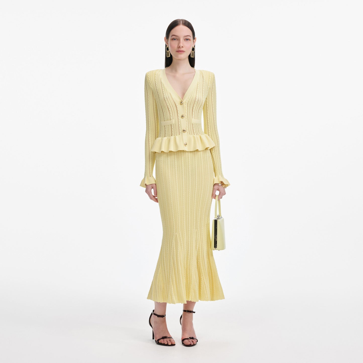 Sarı Örgü Peplum Midi Elbise