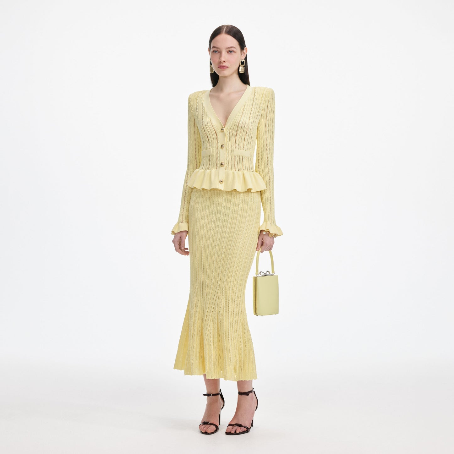 Sarı Örgü Peplum Midi Elbise