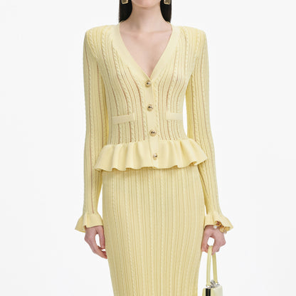 Sarı Örgü Peplum Midi Elbise