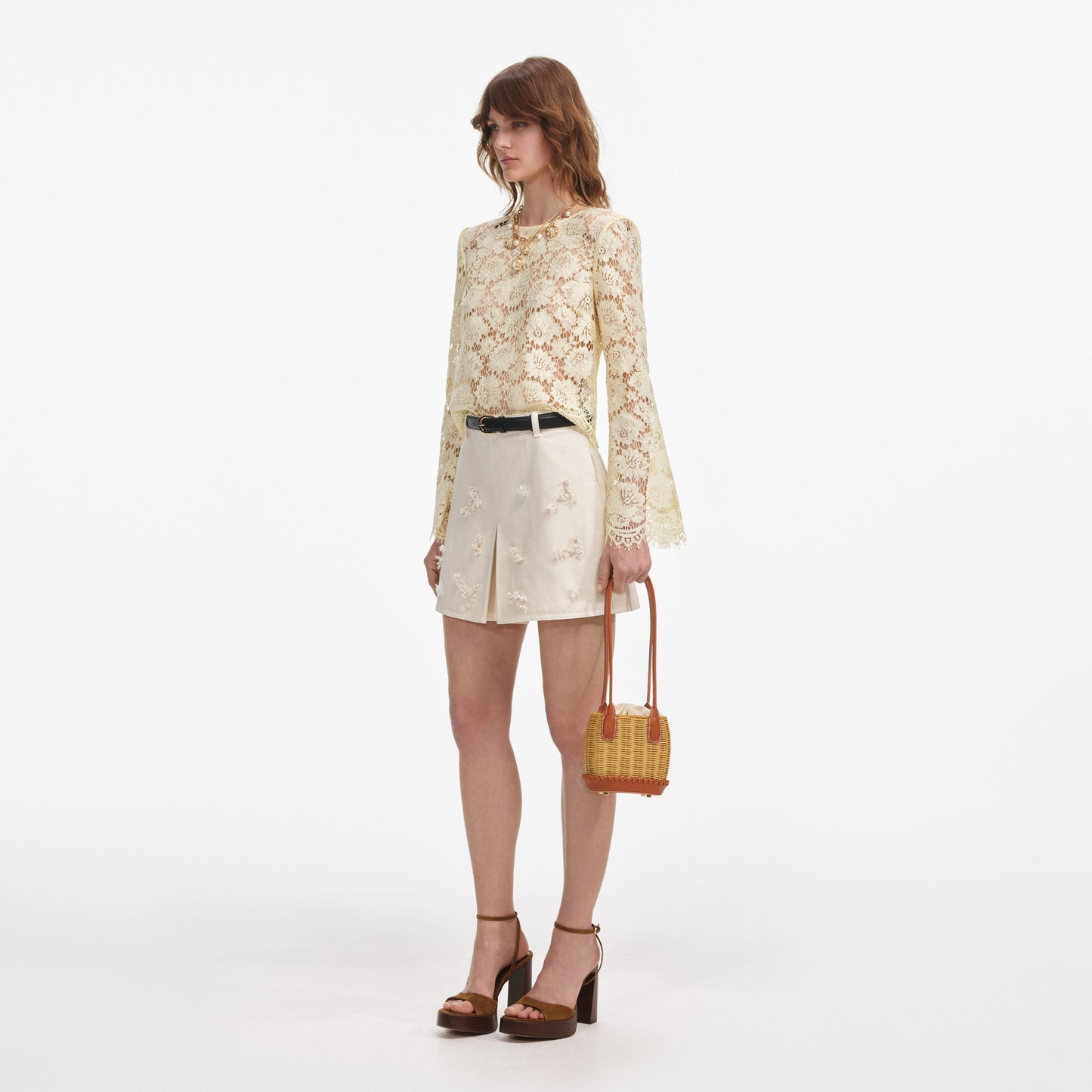 Sarı Dantelli Flüt Kollu Üst