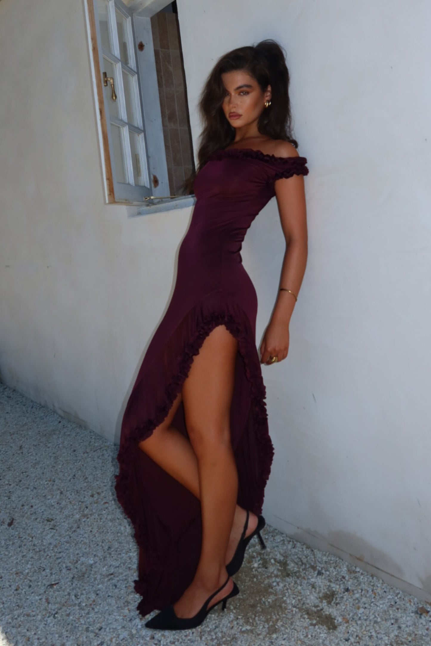 Arielle Omuz Açık Volanlı Midi Elbise - Erik