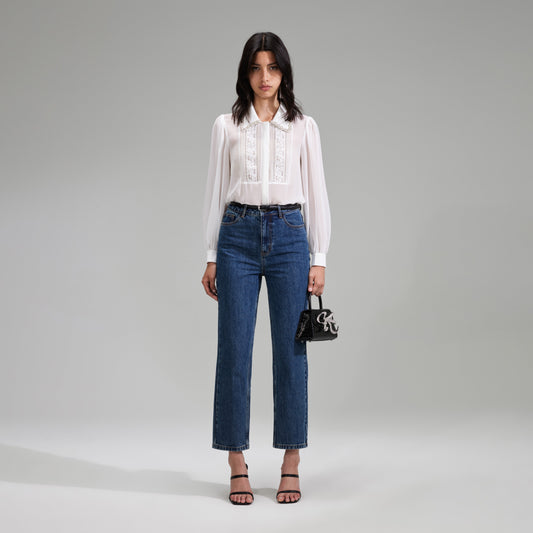 Beyaz Şifon Taşlı Detaylı Üst