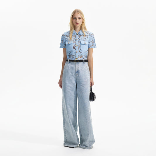 Mavi Dantel Yaka Üst