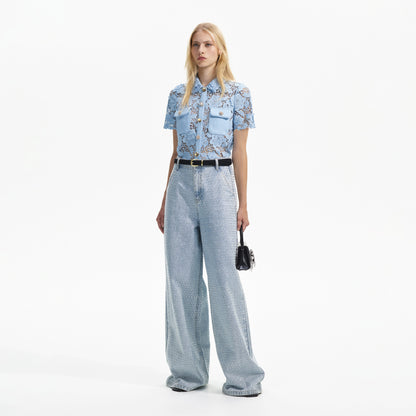 Mavi Dantel Yaka Üst